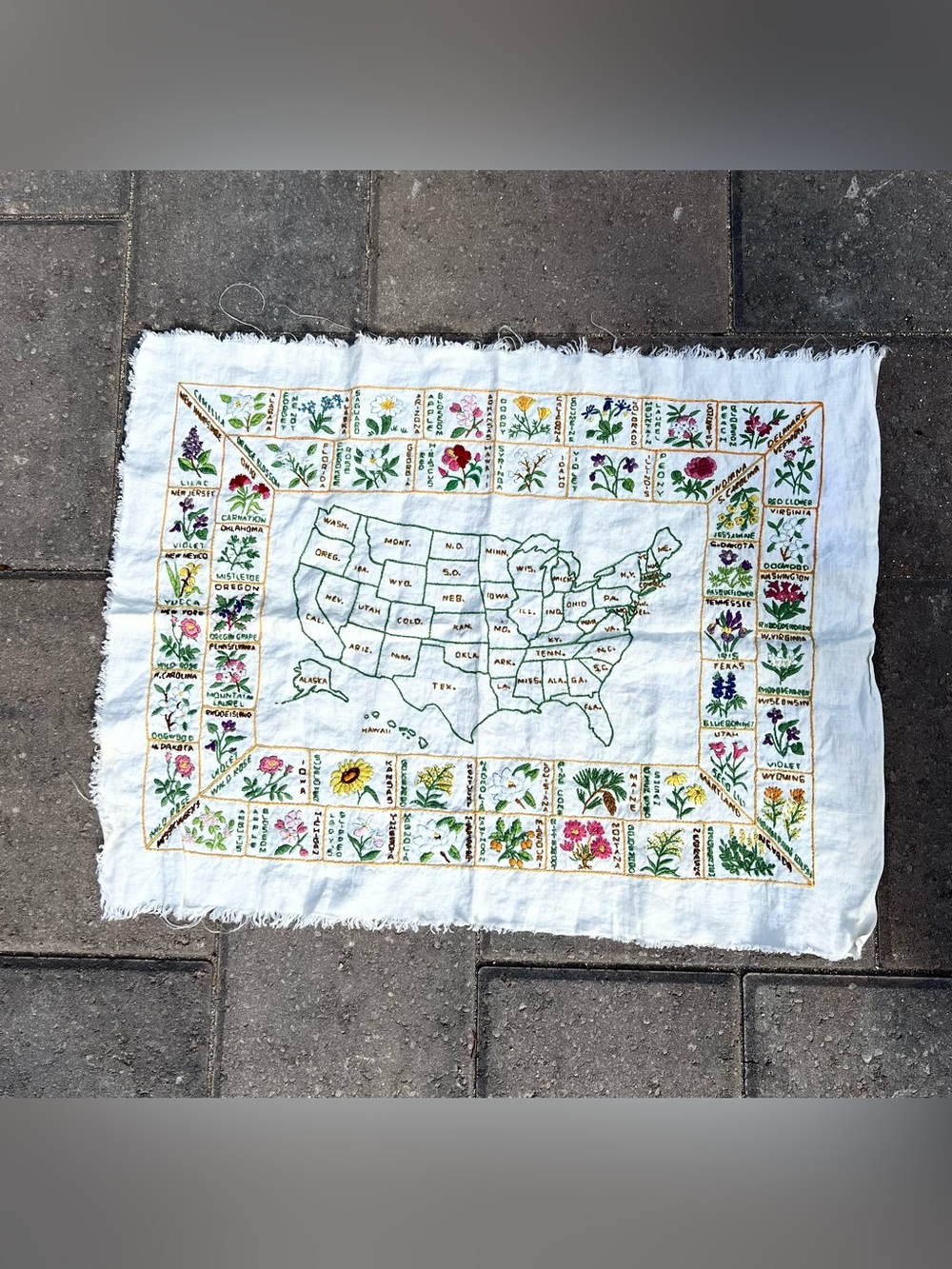 Vintage Hand Embroidered USA Map with State Flowers Linen Sampler 24x18 Fringed